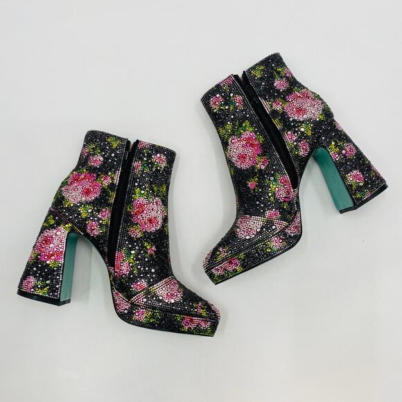 Betsey Johnson Della black floral rhinestone heel booties - Picture 2 of 7